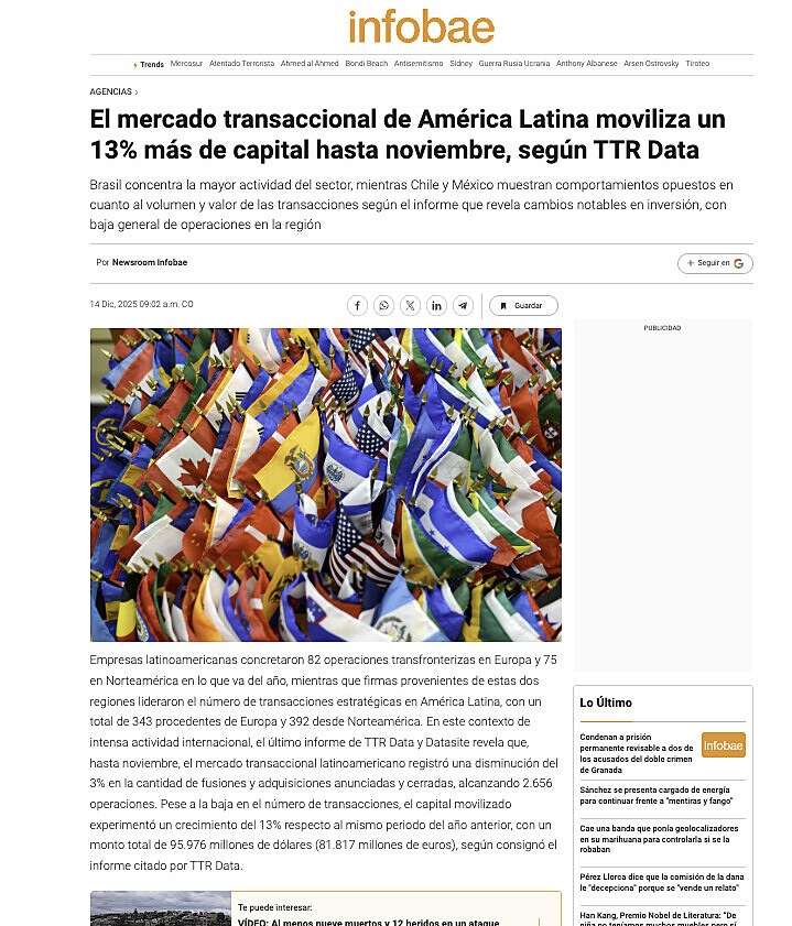 El mercado transaccional de Am�rica Latina moviliza un 13% m�s de capital hasta noviembre, seg�n TTR Data